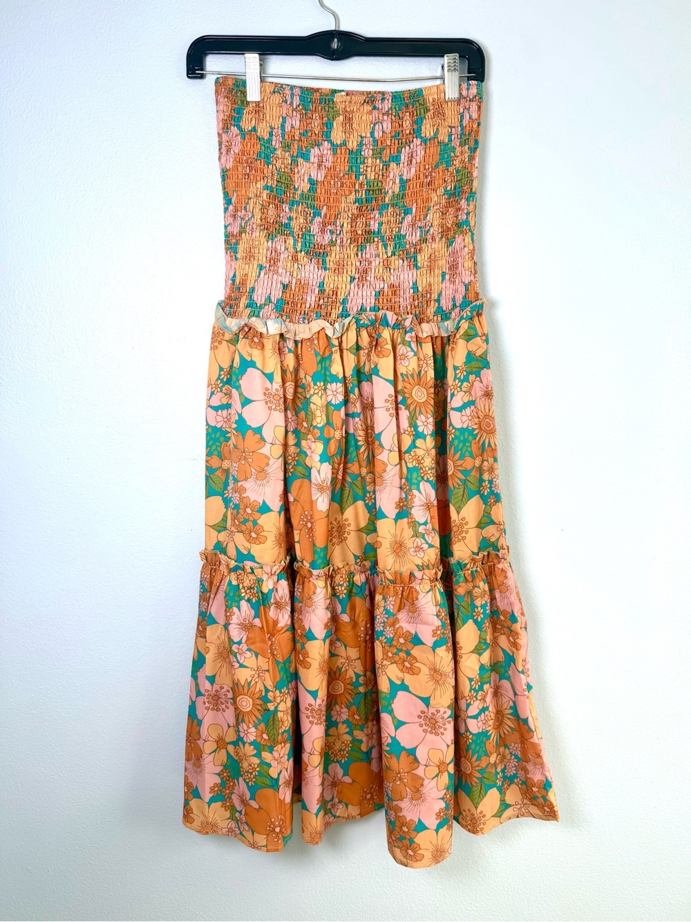 Boutique Strapless Floral Tiered Sundress in Peach, Teal